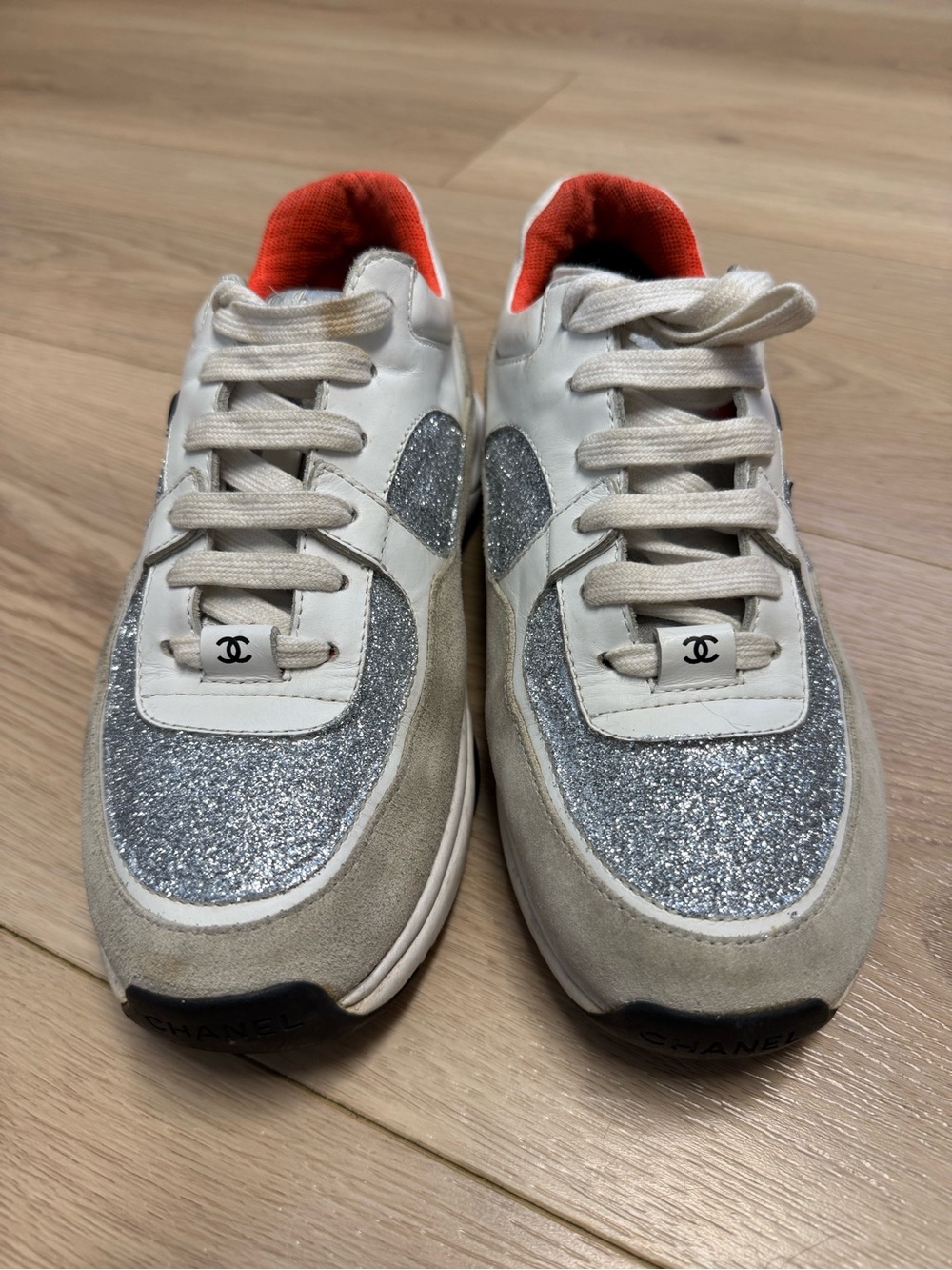 CHANEL White, Silver Glitter and Orange Low-Top Running Sneakers Size 8 (38) - Picture 4 of 16